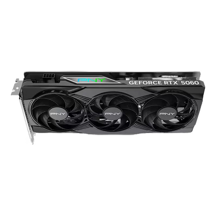 Angled top-front view of a PNY triple-fan graphics card showing three black cooling fans with PNY center logos, a top edge with illuminated PNY logo accents, and "GEFORCE RTX 5060" branding.   