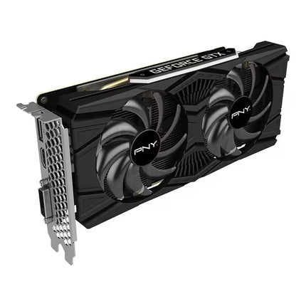 Angled side view of a black PNY dual-fan graphics card showing the cooling fans, side shroud with "GEFORCE GTX" branding, and metal mounting bracket with output ports.   