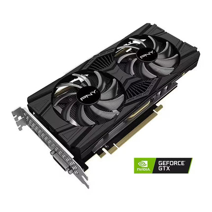 Angled perspective view of a black PNY dual-fan graphics card featuring PNY logos on the fan centers, a PCIe connector interface, and an Nvidia GeForce GTX logo in the bottom right corner.