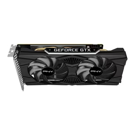 Front view of a PNY dual-fan graphics card featuring two black cooling fans with PNY center logos, a black shroud, a top plate with "GEFORCE GTX" text, and a metal rear I/O bracket.