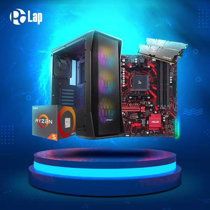 Computer components including a CPU, motherboard, and graphics card on a blue platform with 'PPLap' branding.