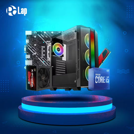 Computer hardware components on a blue platform with 'P Lap' branding.