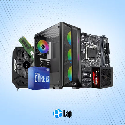 Computer hardware components including a CPU box, motherboard, and cooling system on a blue background with 'PCLap' branding.