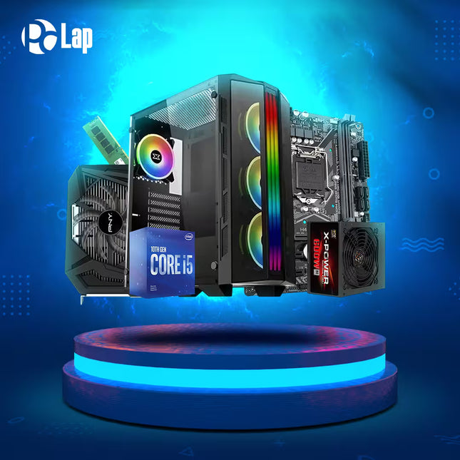 Computer hardware components on a blue platform with 'PcLap' branding.