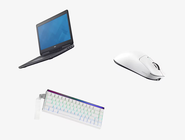 Laptop, keyboard, and mouse on a white background