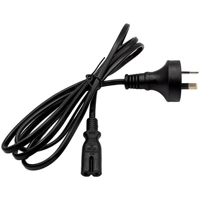 Black AC power cable with an Australian 3-pin plug and IEC C7 figure-8 connector, compatible with radios, TVs, gaming consoles, adapters, and other figure-8 powered devices.