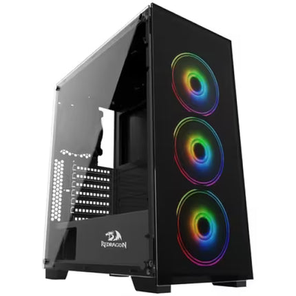 Computer case with RGB lighting on a white background
