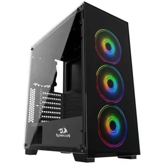 Computer case with RGB lighting on a white background