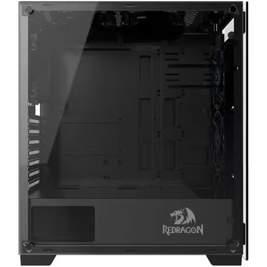 Black computer case with Redragon logo on a white background