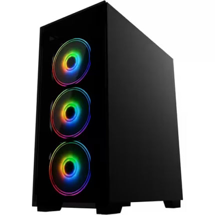 Black computer case with RGB lighting on a white background