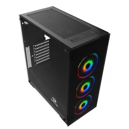 Black computer case with RGB lighting on a white background