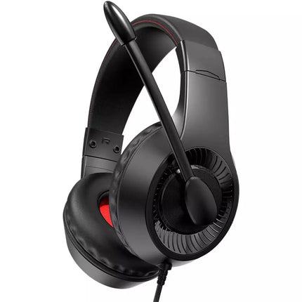 Black over-ear gaming headset with an attached boom microphone, padded ear cups, and a visible red accent inside the ear cup, shown on a plain white background.