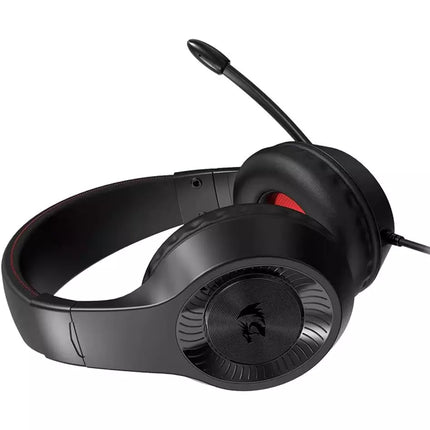 Black over-ear gaming headset with an adjustable boom microphone, featuring red accent stitching and a black dragon logo on the ear cup, shown on a white background.