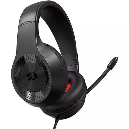 Black over-ear gaming headset with a flexible microphone, featuring red stitching accents and a red inner earpad, shown on a white background.
