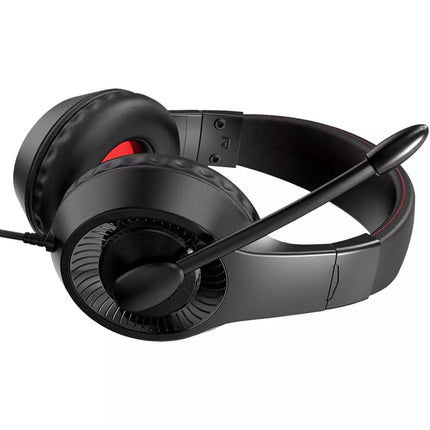 Black over-ear gaming headset with an adjustable boom microphone, padded ear cups, and subtle red accent lines on the headband, shown on a plain white background.