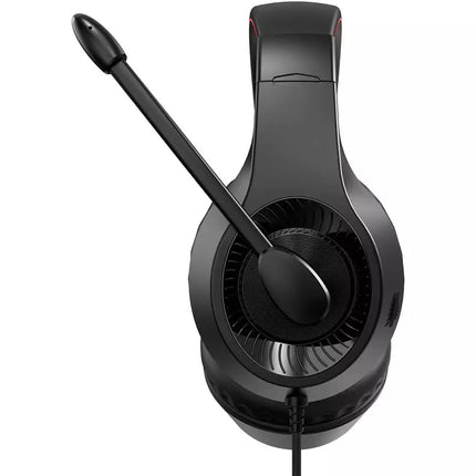 Black wired over-ear gaming headset with an adjustable boom microphone, shown from a side angle on a white background.