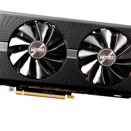 Graphics card with dual fans and Nitro branding on a white background