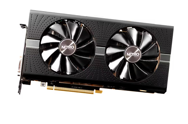 Graphics card with dual fans and Nitro branding on a white background