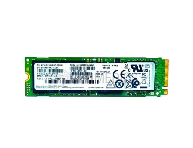 Samsung 256GB M.2 NVMe PCIe SSD (model PM981a) featuring a green printed circuit board, labeled product specifications and barcodes, and standard M.2 gold contact pins.   
