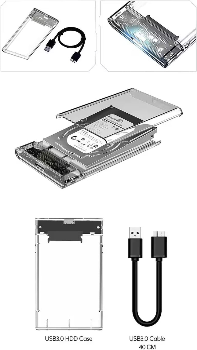 Collection of USB 3.0 hard drive cases and cables on a white background