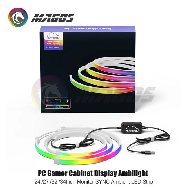 MAGOS LED strip with packaging and adapter on a white background