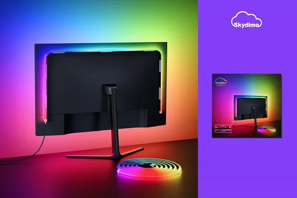 Gaming monitor with RGB lighting on a gradient background, featuring the Skydimo brand.