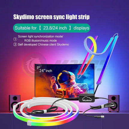 Skydimo screen sync light strip with RGB lighting effects on a display.