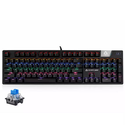 A black mechanical gaming keyboard with RGB backlighting, shown on a white background with a small inset of a blue switch below the left edge. The brand name 'VP RHYME GAME' is visible on the keyboard.