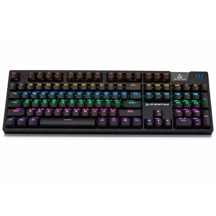 A black mechanical keyboard with RGB rainbow backlighting on a solid white background. The brand logo 'VP SPORTS MEDIA' is visible on the top right of the keyboard.
