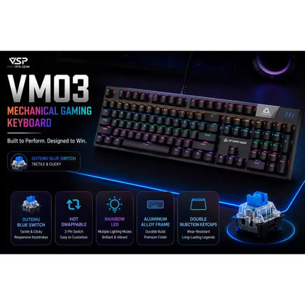 VSP VM03 mechanical gaming keyboard in black with RGB rainbow backlighting, shown on a dark promotional background with feature callouts and a transparent switch illustration.