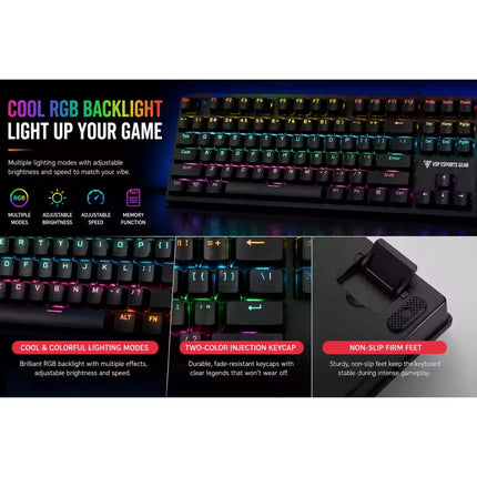 Promotional graphic for a gaming keyboard showing the product from multiple angles with colorful RGB backlighting, feature callouts, and a phone stand accessory on a dark background.