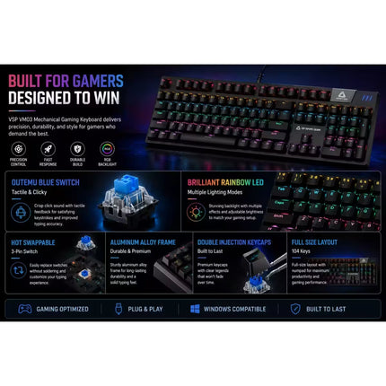VFP V900 mechanical gaming keyboard shown on a dark promotional graphic with feature callouts including tactile click feedback, rainbow LED lighting, aluminum alloy frame, double injection keycaps, and full-size layout.