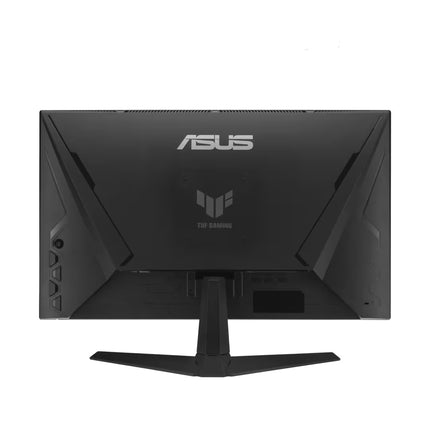 Rear view of a black ASUS TUF Gaming monitor showing the geometric stealth design patterns, the ASUS logo at the top center, the TUF Gaming emblem below it, and control buttons positioned on the bottom-left edge.