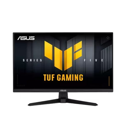 Direct front view of a black ASUS TUF Gaming monitor standing on a flat surface, showcasing its minimal bezels and displaying a prominent yellow and grey TUF Gaming graphic on the screen.