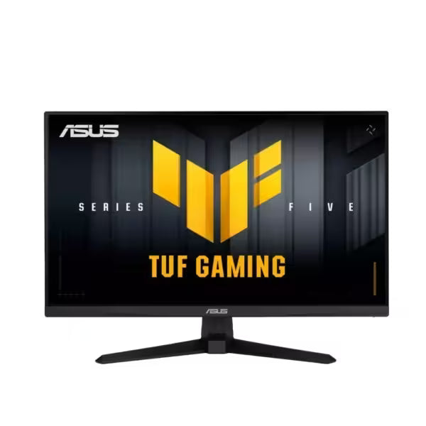 Direct front view of a black ASUS TUF Gaming monitor standing on a flat surface, showcasing its minimal bezels and displaying a prominent yellow and grey TUF Gaming graphic on the screen.