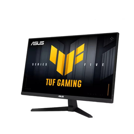 Three-quarter angled front view of a black ASUS TUF Gaming monitor facing left, displaying a dark background wallpaper with a large yellow TUF Gaming logo and the text "SERIES FIVE".