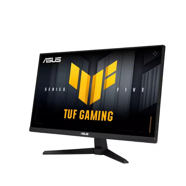 Three-quarter angled front view of a black ASUS TUF Gaming monitor facing left, displaying a dark background wallpaper with a large yellow TUF Gaming logo and the text "SERIES FIVE".