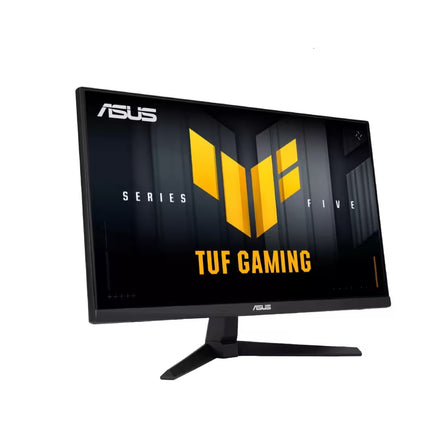 Three-quarter angled front view of a black ASUS TUF Gaming monitor facing right, showing its slim bezels and displaying the "SERIES FIVE" TUF Gaming wallpaper on screen.