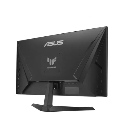 Angled rear view of a black ASUS TUF Gaming monitor showcasing the textured back panel design, VESA mount area, and the distinct V-shaped base stand.