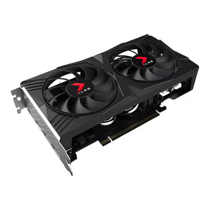 Gaming graphics card with dual fans on a white background