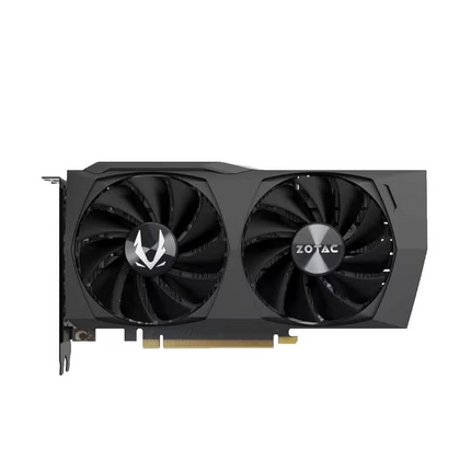 A Zotac graphics card with a black dual-fan cooling system, shown from a side profile view on a white background with a red Venom Technology logo in the top right corner.