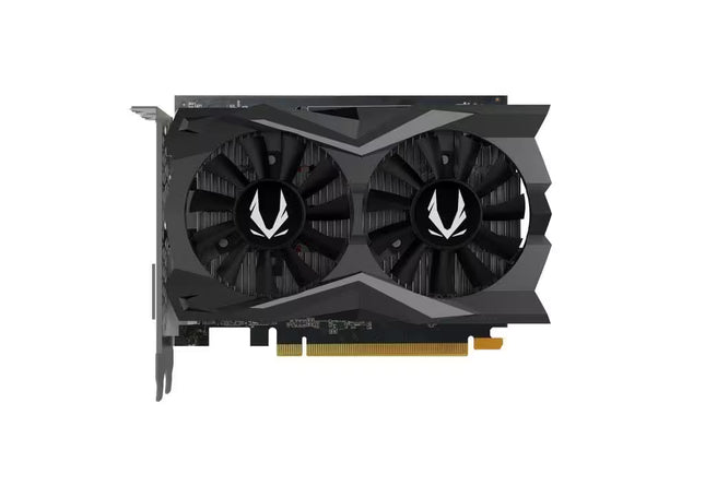 Computer graphics card with dual fans on a white background