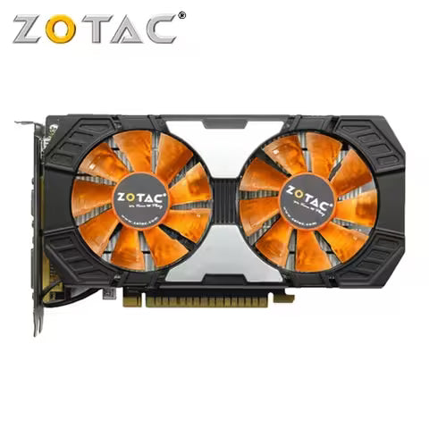 ZOTAC graphics card with a dual-fan design, featuring black cooling shroud and vibrant orange fans, shown on a white background with the ZOTAC logo in the top left corner.