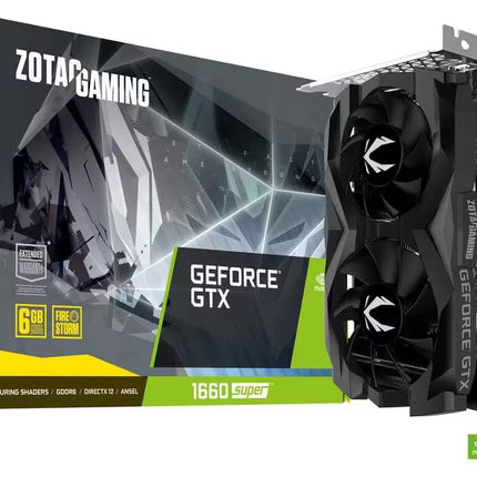 ZOTAC Gaming GeForce GTX graphics card with packaging on a white background